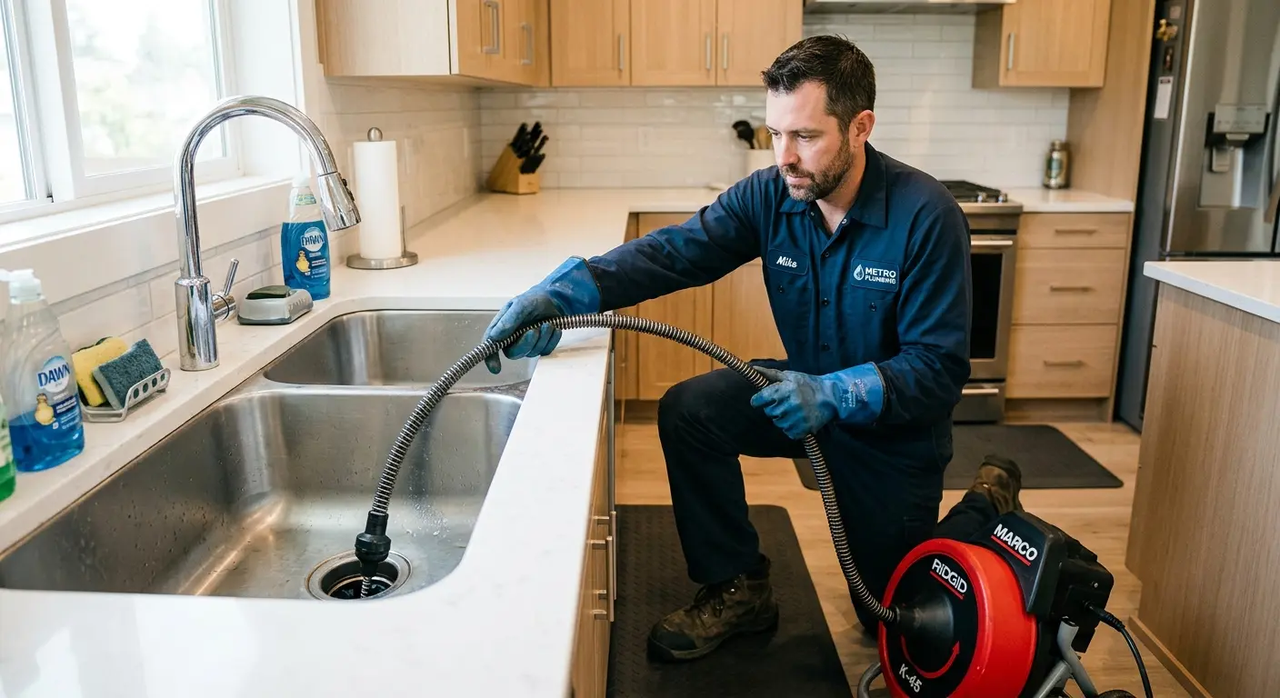 Drain cleaning technician using a motorized snake on a kitchen sink in Boerne
