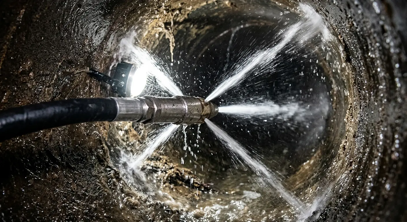 High-pressure hydro jetting nozzle cleaning sewer pipe for Trenchless Sewer Repair in Boerne