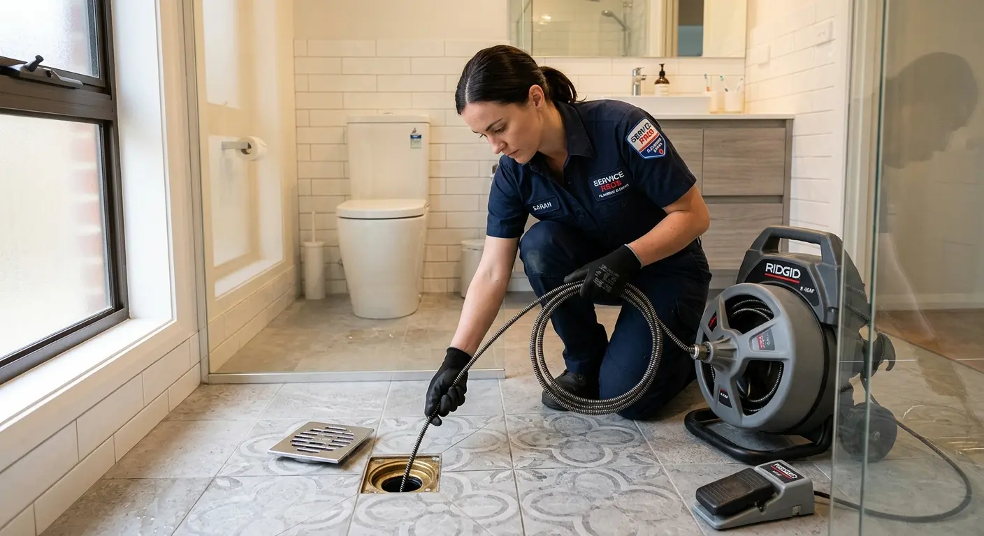 Technician clearing a bathroom floor drain for Clogged Drain Repair in Boerne